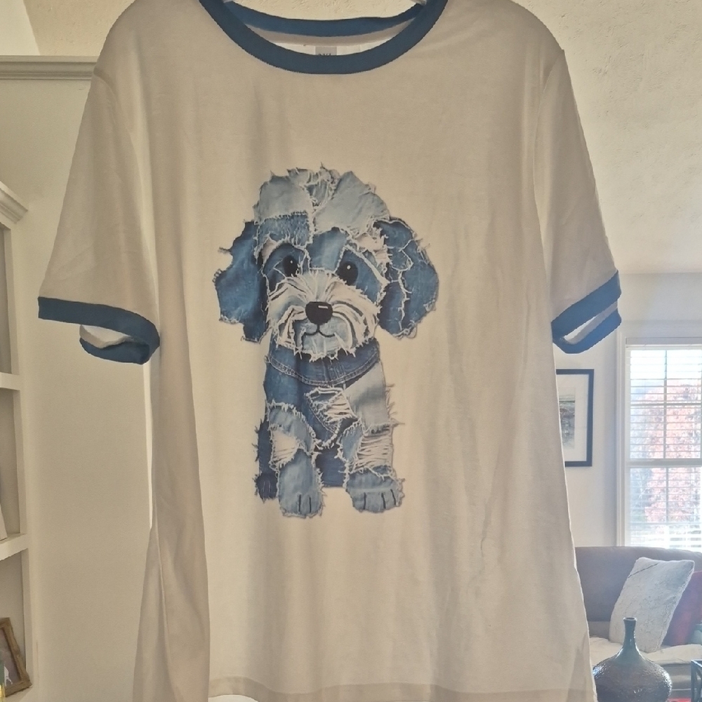 Charming Blue and White Adult Tshirt With A Dog On Front